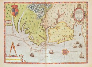Admiranta Narratio ...バージニアの地図（44-45ページ）、1585-1588（色の彫刻_